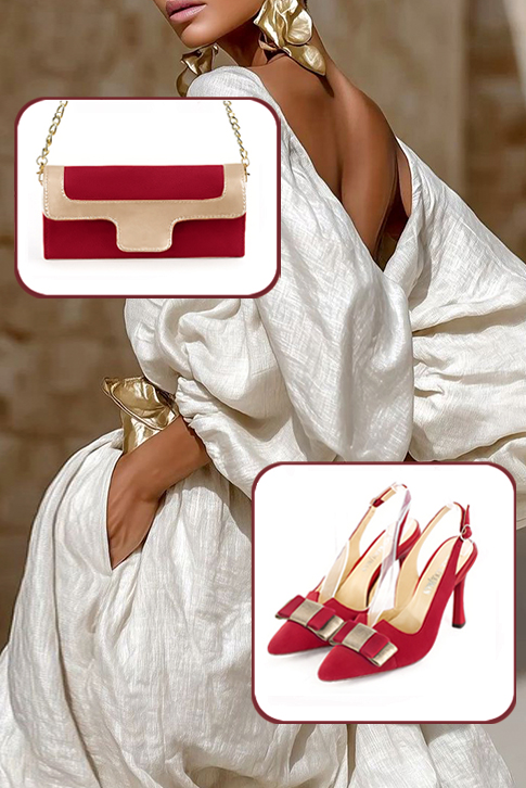 Matching cardinal red and gold elegant slingback heels, with a bow on the front and luxurious clutch for ceremonies - Set view